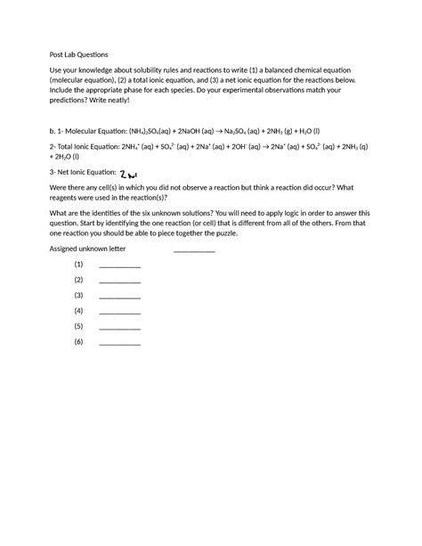 Gen Chem Lab Post Lab Questions 5 Post Lab Questions Use Your Knowledge About Solubility