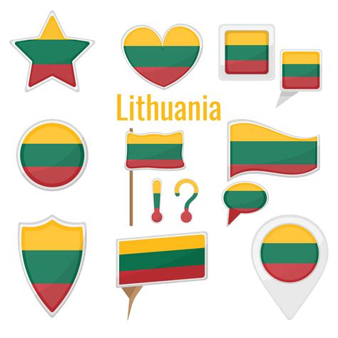 Various Lithuania flags set on pole, table flag, mark, star badge and