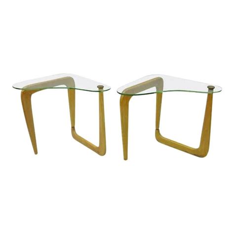 Pair Of Modern Glass And Wood Side Tables With Curved Legs For Sale At 1stdibs