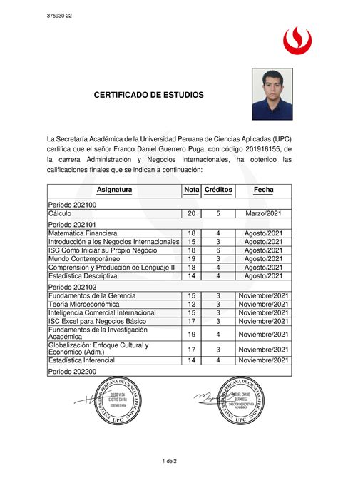 Certificado De Estudios UPC 375930 1 De 2 CERTIFICADO DE ESTUDIOS La