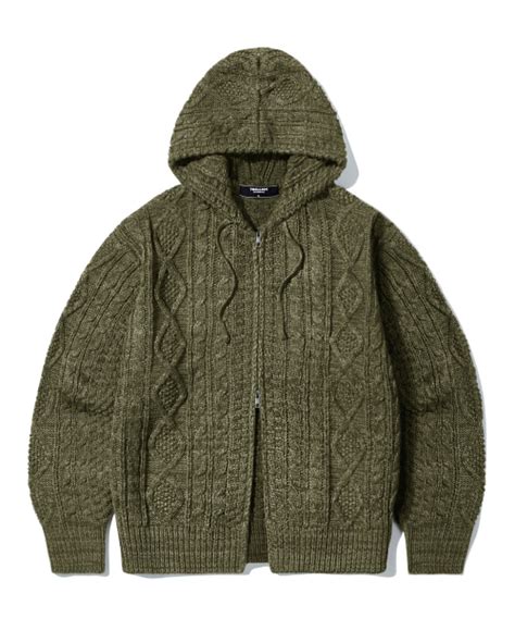 Musinsa Trillion Washable Aran Cable Hood Zip Up Knit Khaki