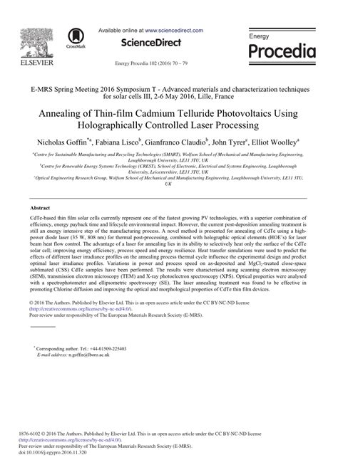 Pdf Annealing Of Thin Film Cadmium Telluride Photovoltaics Using