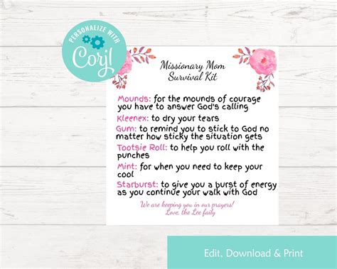 Editable Missionary Mom Survival Kit Printable T For Missionary Mom