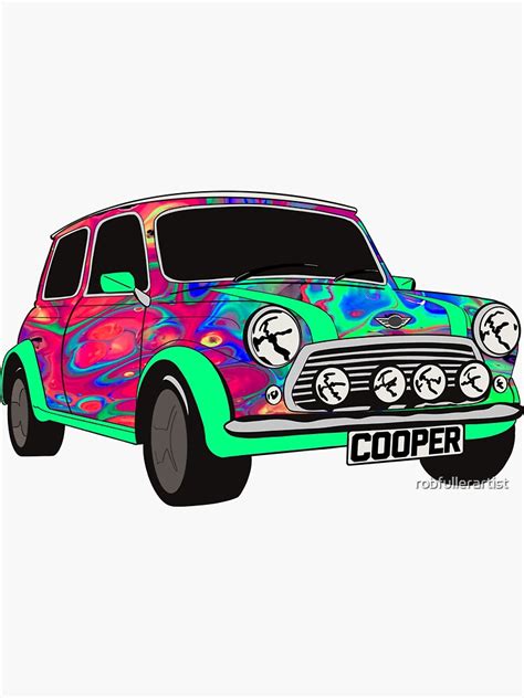 Vintage Mini Cooper Print With Psychedelic Neon Luminous Bodywork