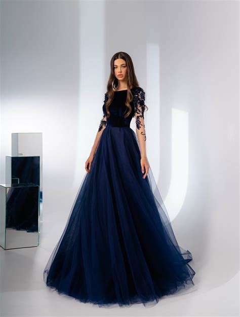 A Line Evening Dress Long Sleeves Prom Dress Navy Blue Evening Dress