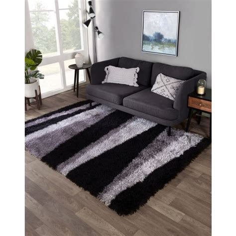 Ultimate Boston Lightning Grey Striped Shaggy Rug Ashanti Rugs