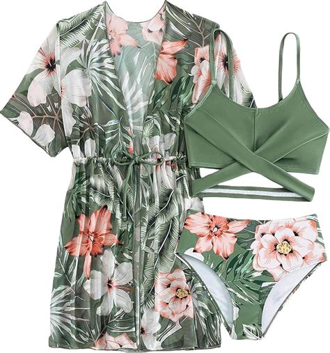 Amazon Makemechic Girl S Piece Bathing Suits Cute Floral Bikini Swimsuit With Cover Up