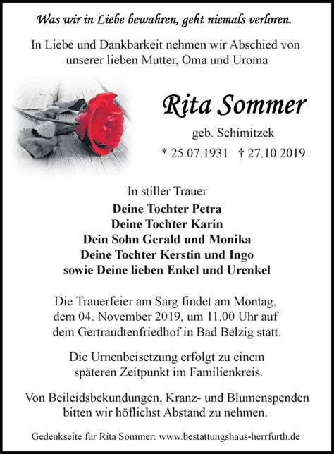 Traueranzeigen Von Rita Sommer Trauer Anzeigen De