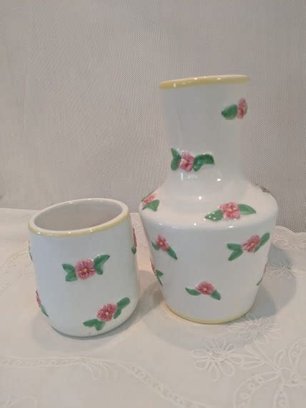 Vintage Bedside Water Carafe And Cup Ceramic Water Decanter With Pink Flowers White And Pink