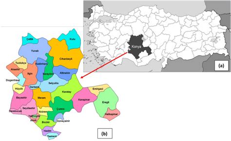 (a) Turkey map and the location of Konya Province, (b) districts of... | Download Scientific Diagram