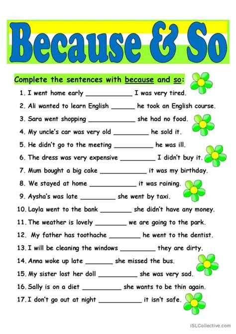 So And Because English Esl Worksheets Pdf And Doc