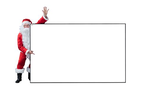 Santa Claus Is Holding And Pointing The White Blank Sign For Seasonal