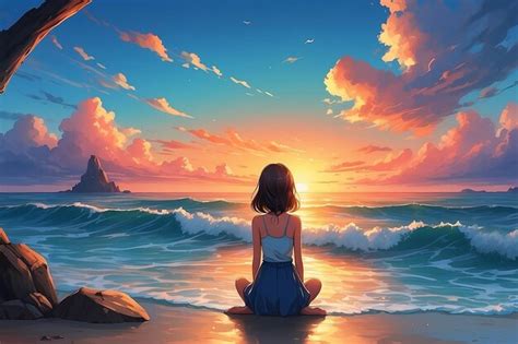 Premium Photo Anime Girl Watching Sunset In The Ocean Digital Art