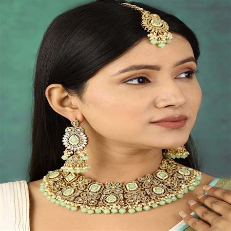 Priyaasi Mint Green Pearls Stones Beads Kundan Gold Plated Traditional