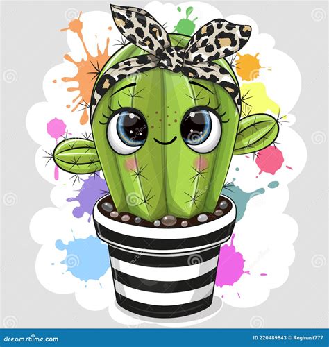 Cactus With Bow With Eyes On The Blobs Background Cartoon Vector