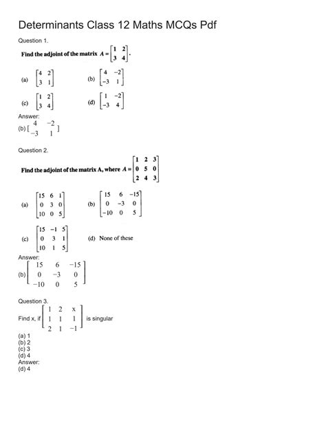 Solution Maths Mcqs For Class With Answers Chapter Determinants