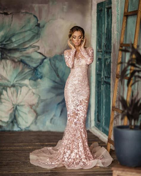 Blush Mermaid Wedding Dress Light Pink Bohemian Wedding Etsy