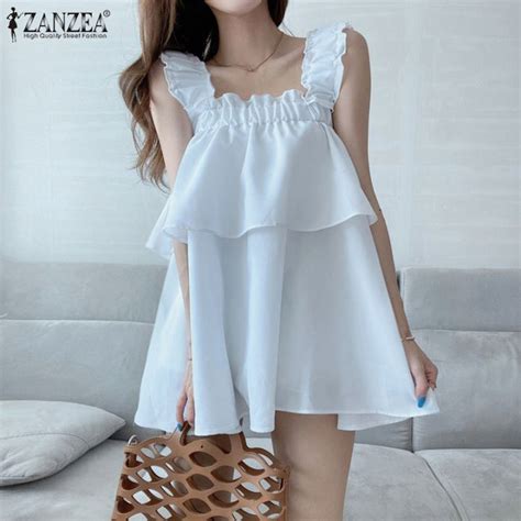 Zanzea Korean Style Womens Summer Sleeveless Ruffle Hem Tanks Square