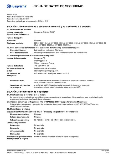 Fds Aceite Stroke Oil Hp Husqvarna Ficha De Datos De Seguridad