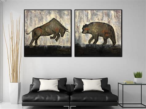 Original Set of 2 Paintings Bull and Bear Painting on Canvas Abstract ...