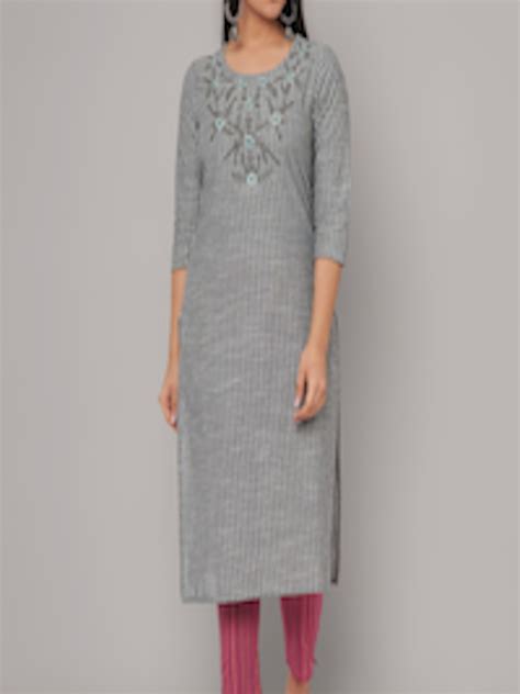 Buy Sanganeri Kurti Women Grey Embroidered Pure Cotton Kurta With