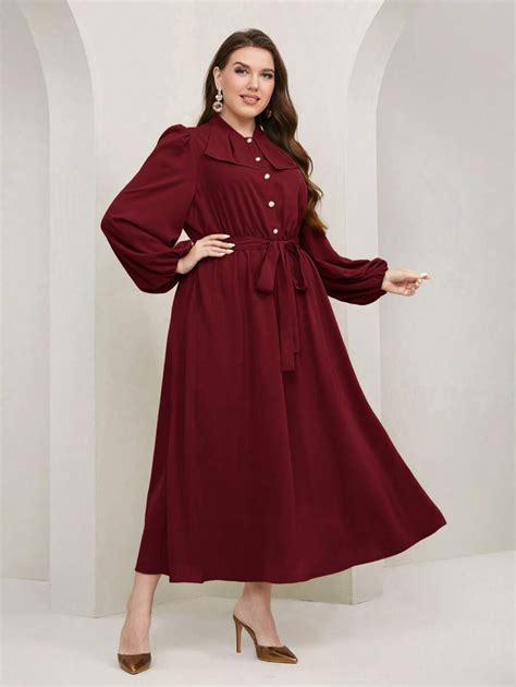 Shein Modely Burgundy Red Plus Lantern Sleeve Belted Shirt Dress Shein Uk