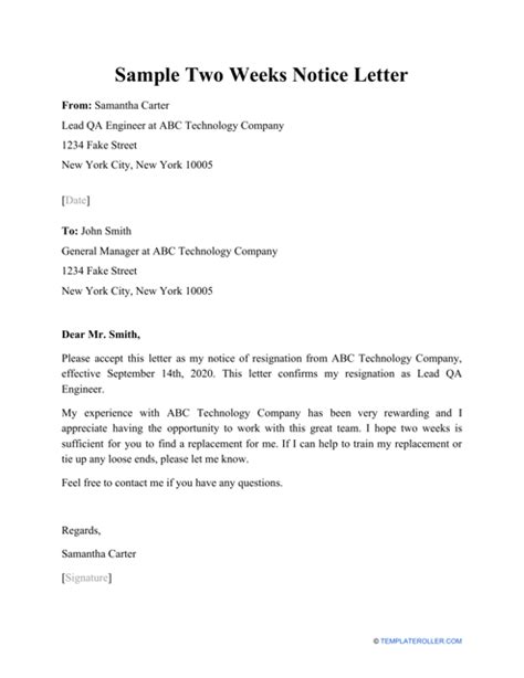 Sample Two Weeks Notice Letter Download Printable Pdf Templateroller