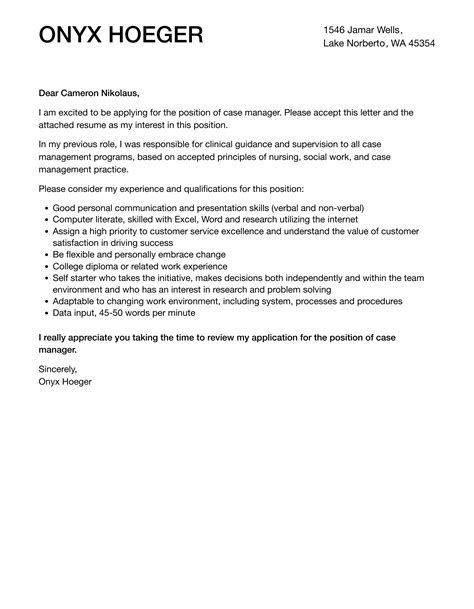 Case Manager Cover Letter Examples