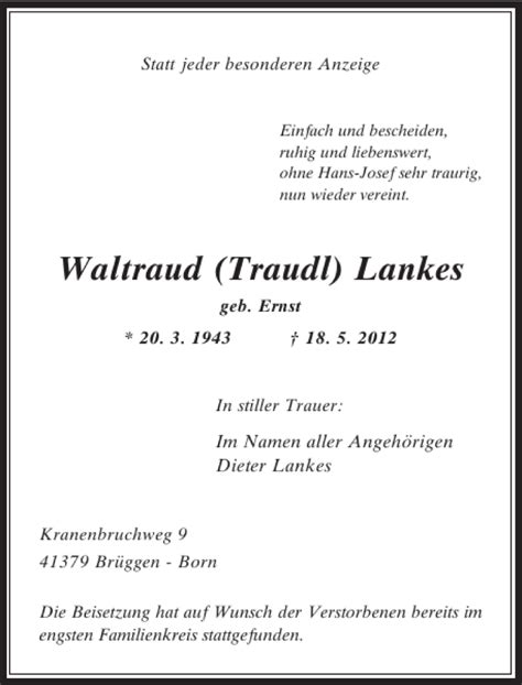 Alle Traueranzeigen für Waltraud Traudl Lankes trauer rp online de