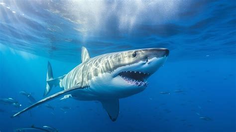 El gran tiburón blanco carcharodon carcharias en aguas azules Foto