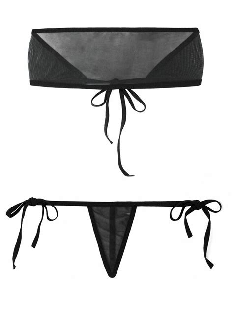Womens Sheer Micro Bikini See Through Bra Top Side Tie G String Bottom Swimwears EBay