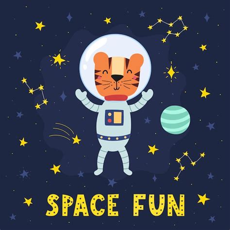 Estampado Space Fun Con Un Simp Tico Tigre Astronauta Tarjeta C Smica