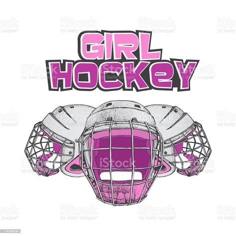 Vector Hockey Girl Lettering Isolated Pink Hockey Helmets With Mask For Woman On White