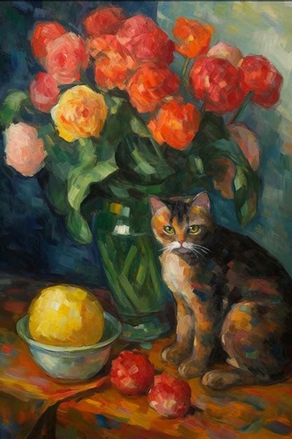 Una pintura de un gato y un tazón de limones Foto Premium