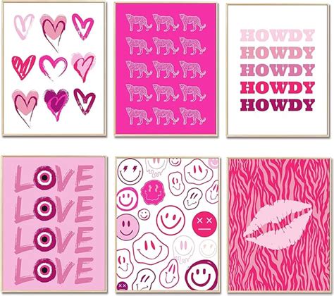 Preppy Aesthetic Room Decor Hot Pink Wall Art Preppy Pictures Set Of 6