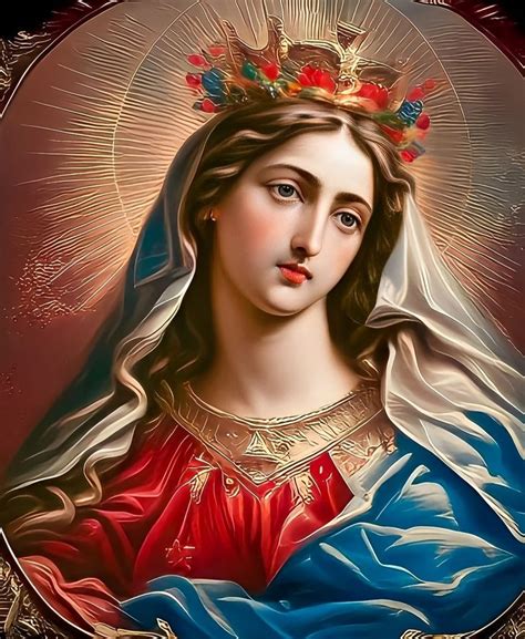 An Image Of The Virgin Mary With Flowers In Her Hair And Crown On Her Head