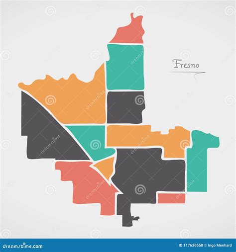 Fresno California Map With Neighborhoods And Modern Round Shapes Vector Illustration