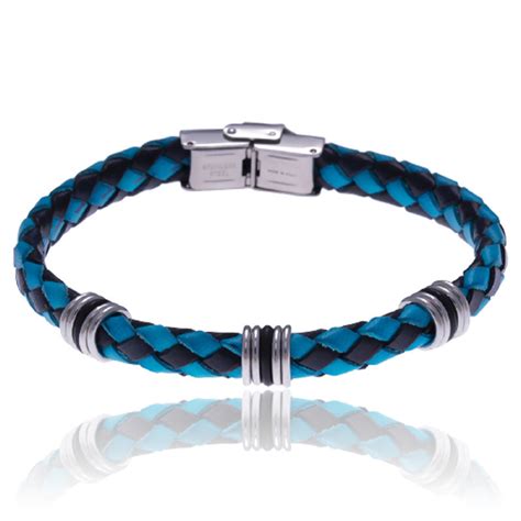 Bracelet acier cuir tressé bleu et noir italien Apollon Ocarat