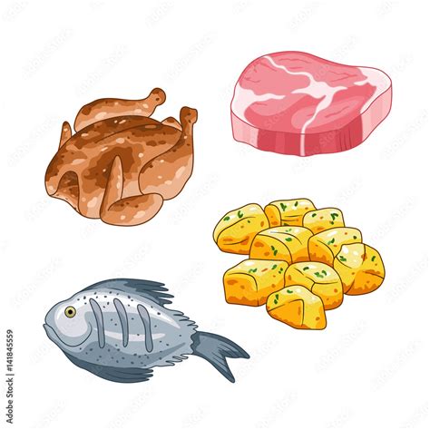 Food And Meal Vector Set In Cartoon Style Meat Steak Chicken Fish And