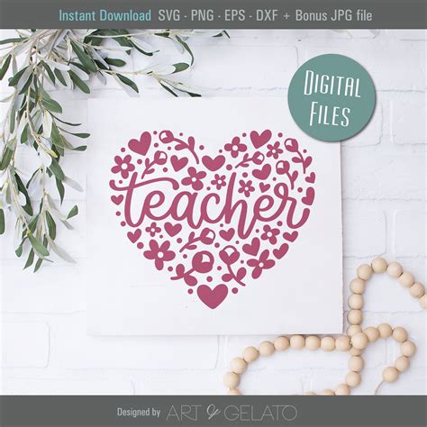 Teacher Floral Heart Svg Teacher Heart Svg School Teacher Etsy