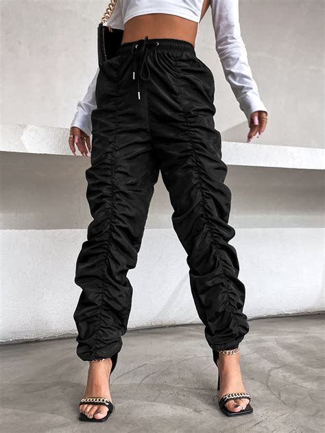 Pantaloni Impilati Monocolore Con Volant Con Coulisse