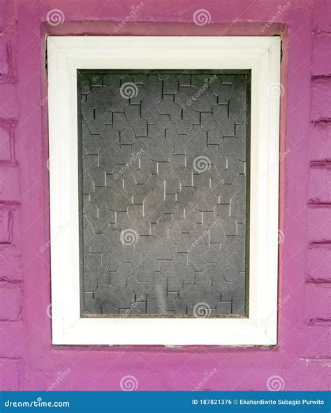 Modern Window with White Frame in Purple Brick Wall Stock Photo - Image