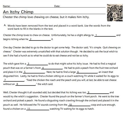 Chester The Chimp Has An Itch Ch Digraph Cloze Reading Worksheet