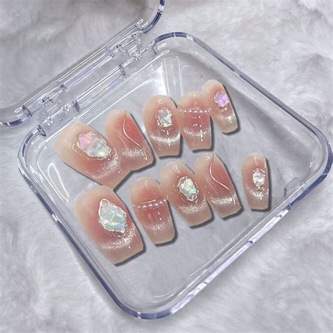 10PCS Handmade False Nail Blush Cat S Eye Coffin Press On Nails For