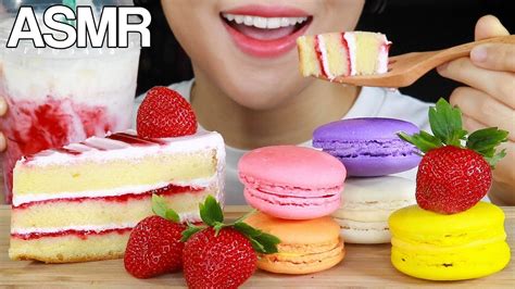 Asmr Strawberry Cake🍰 Macarons Eating Sounds Mukbang No Talking Youtube