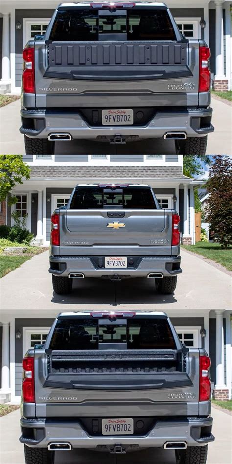 Three Pictures Of The Back End Of A Silver Pickup Truck In Different