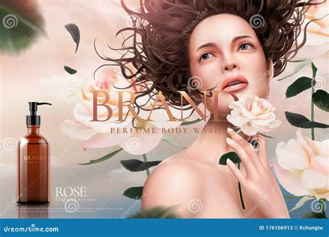 Rose Body Wash Ads With A Model Stock Vector Illustration Of Pump Hygiene 176106913