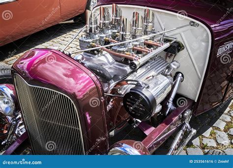 Open Chrome Engine Bay Of A Hot Rod Fun Car With Six Cylinders And