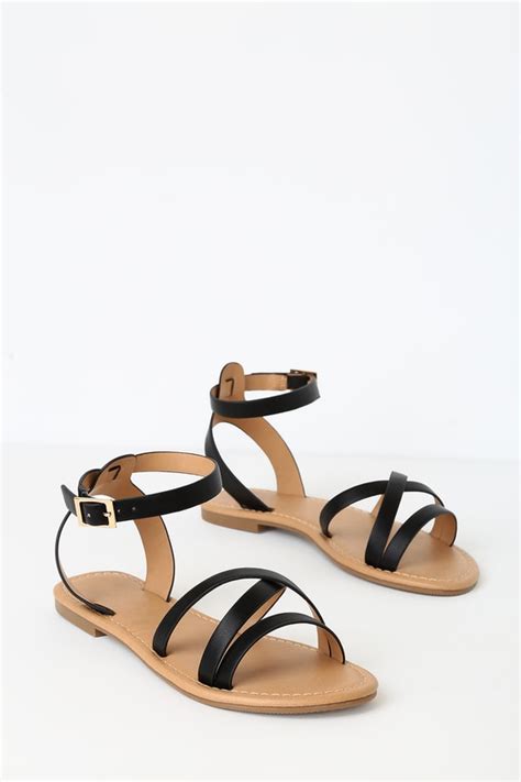 Cute Strappy Sandals Black Sandals Flat Ankle Strap Sandals Lulus