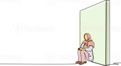 Continuous One Line Drawing Upset Arab Businesswoman Sitting On Floor And Lean Against The Wall